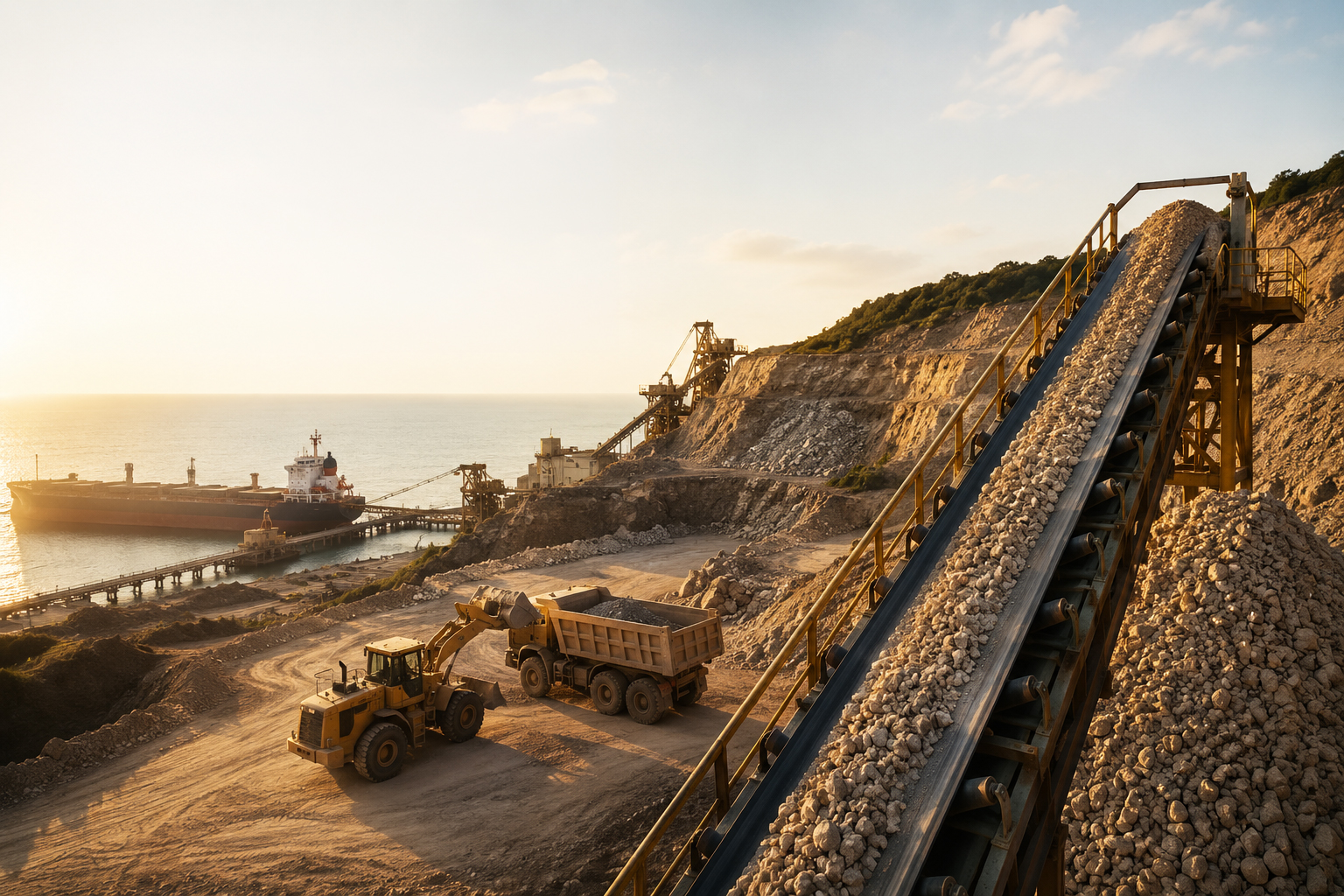 Coastal mine conveyor and loading jetty with a vessel alongside
