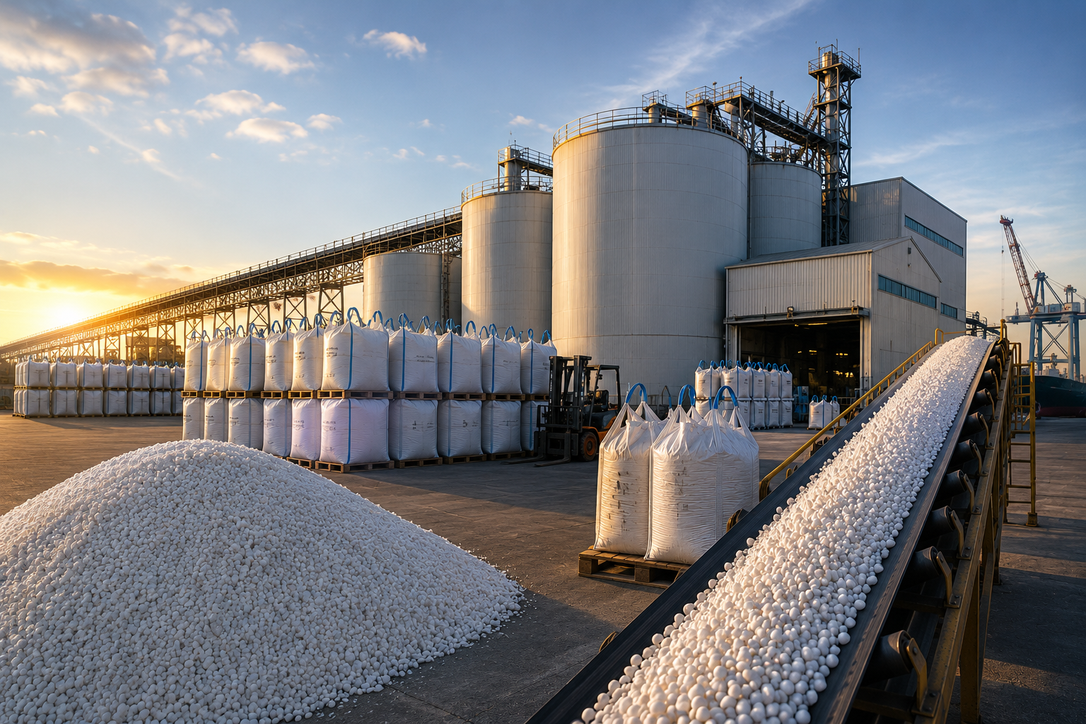 Fertiliser silos, big bags and conveyor at a port terminal
