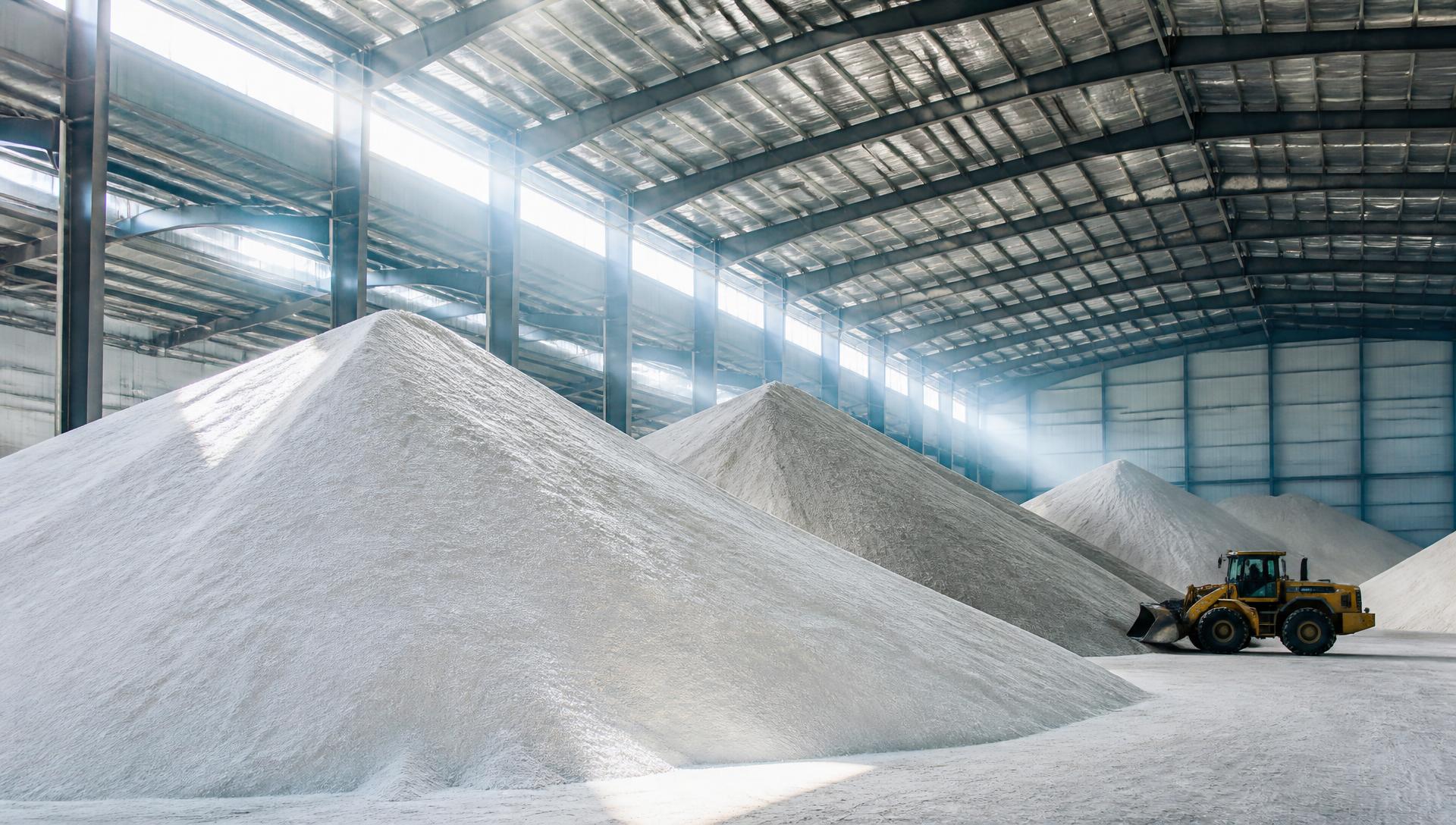 Vast storage hall with towering white fertiliser piles and a wheel loader