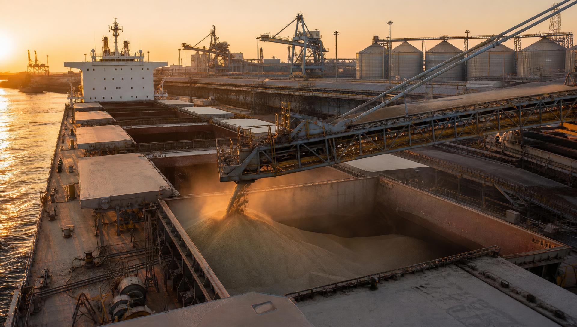 Bulk carrier being loaded with fertiliser at an export terminal at sunset