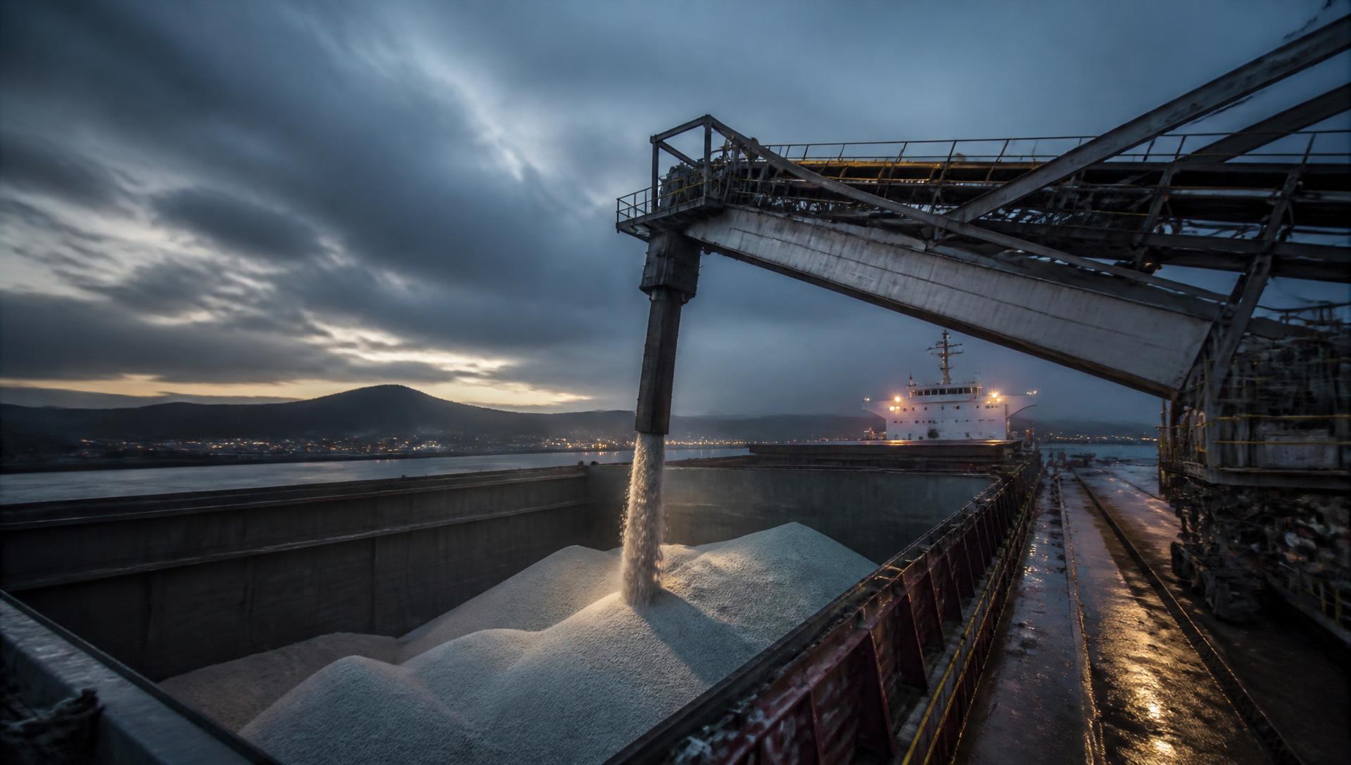 Bulk carrier loading fertiliser granules at an export terminal at golden hour