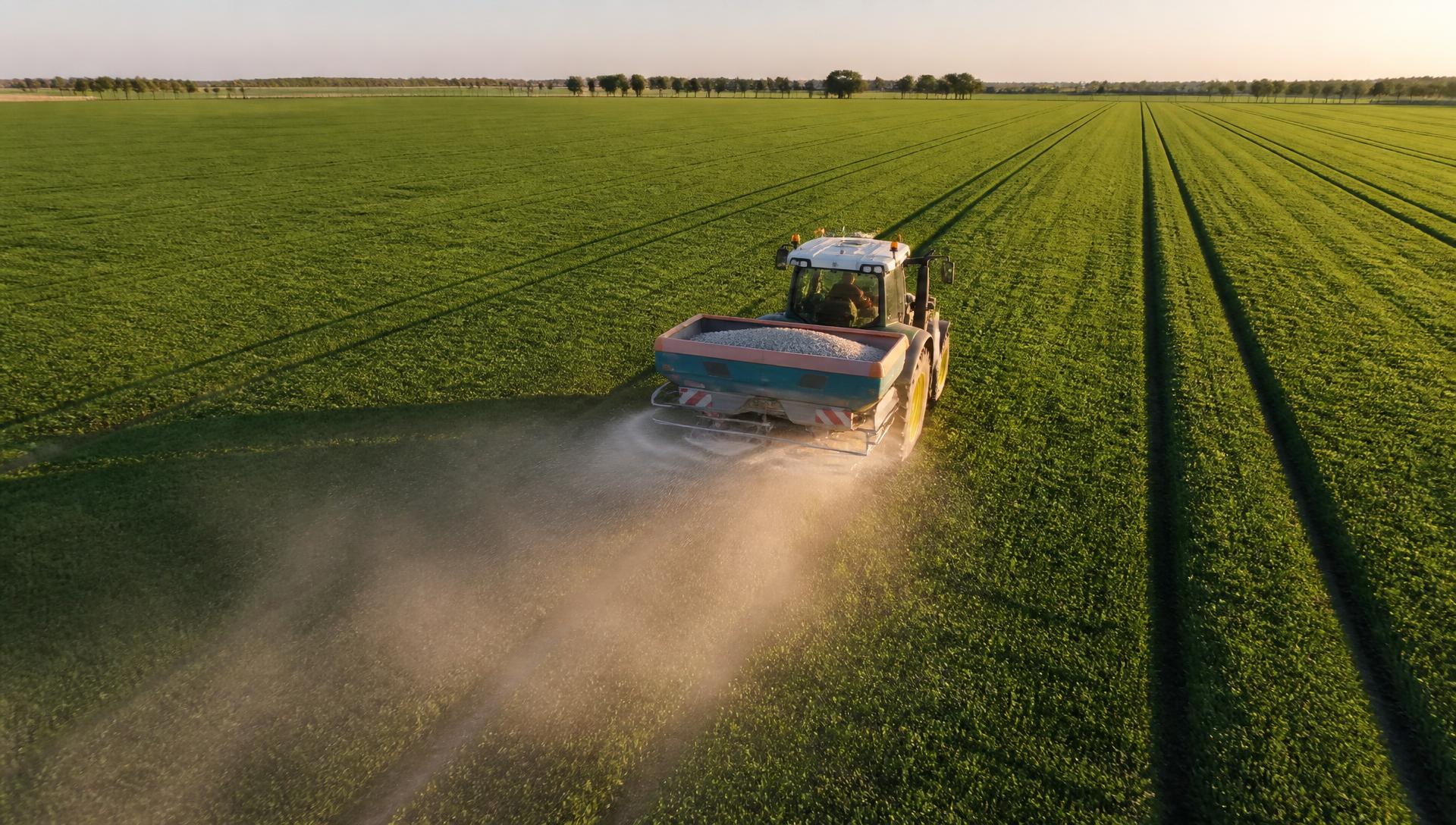 Tractor spreading fertiliser across a green field