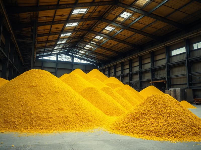 Bulk sulphur piles inside a warehouse