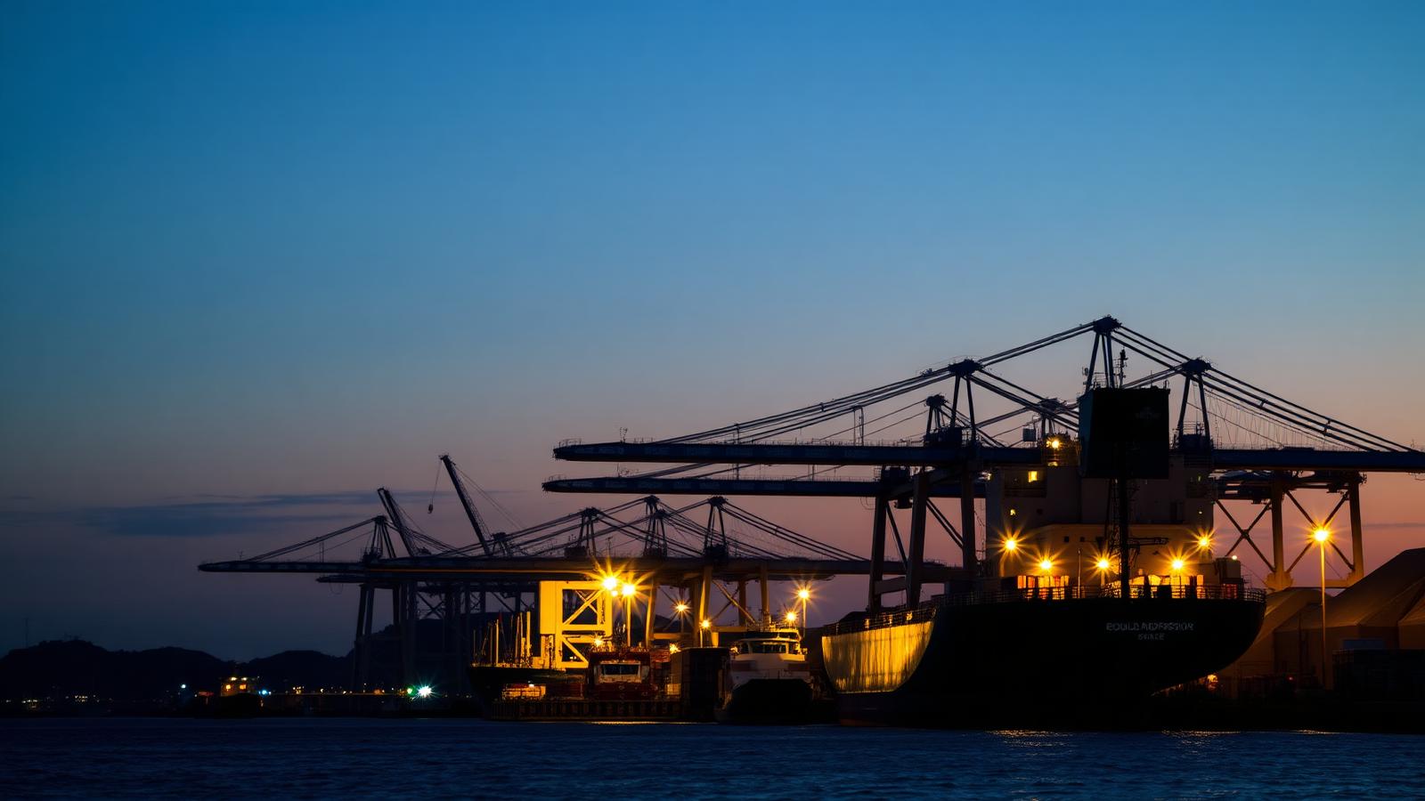 Bulk export terminal at dusk with a vessel alongside